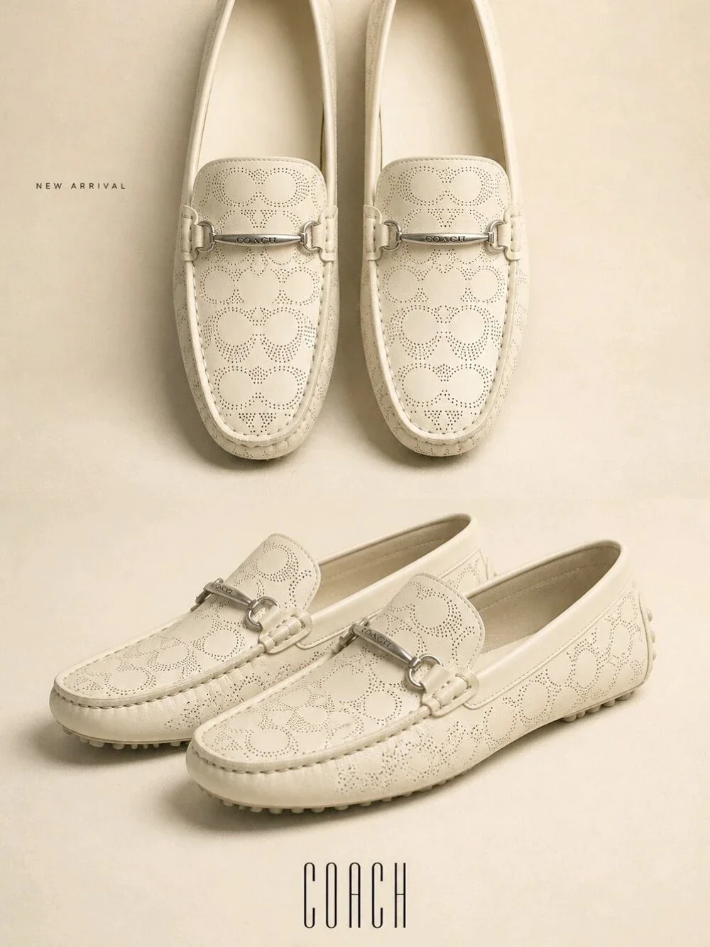 Coach Men’s White Perforated Leather Driving Loafers Authentic